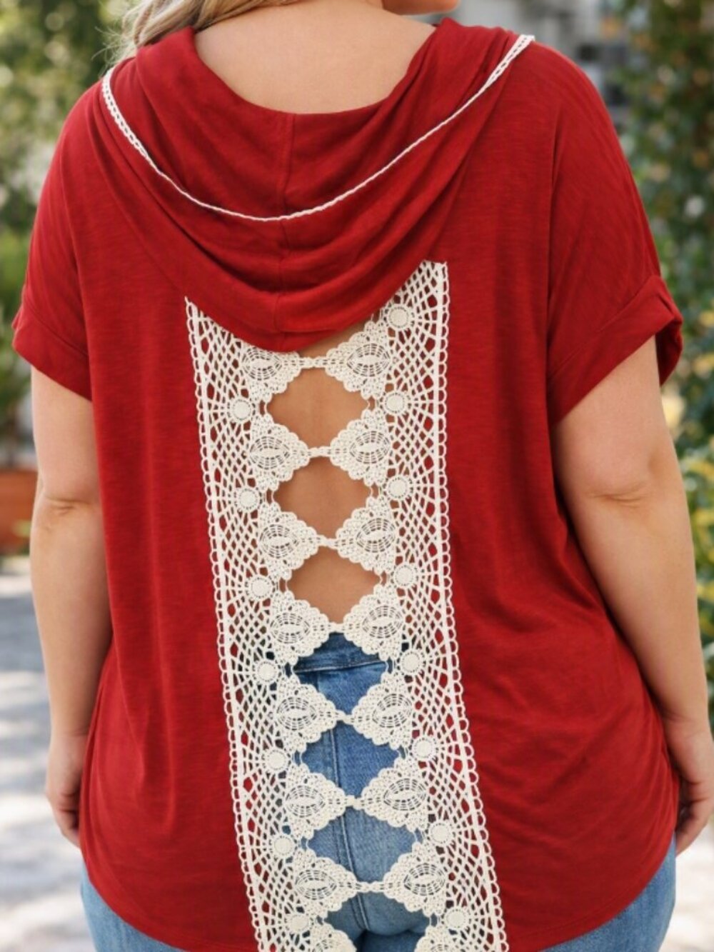 Eyeshadow Hooded Crochet Back Kangaroo Pocket Red Tunic Top XL Boho Festival